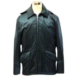 70s Vintage Mens L Teal Blue Field Coat Heavy Nylon Hooded Utility Jacket Shiny